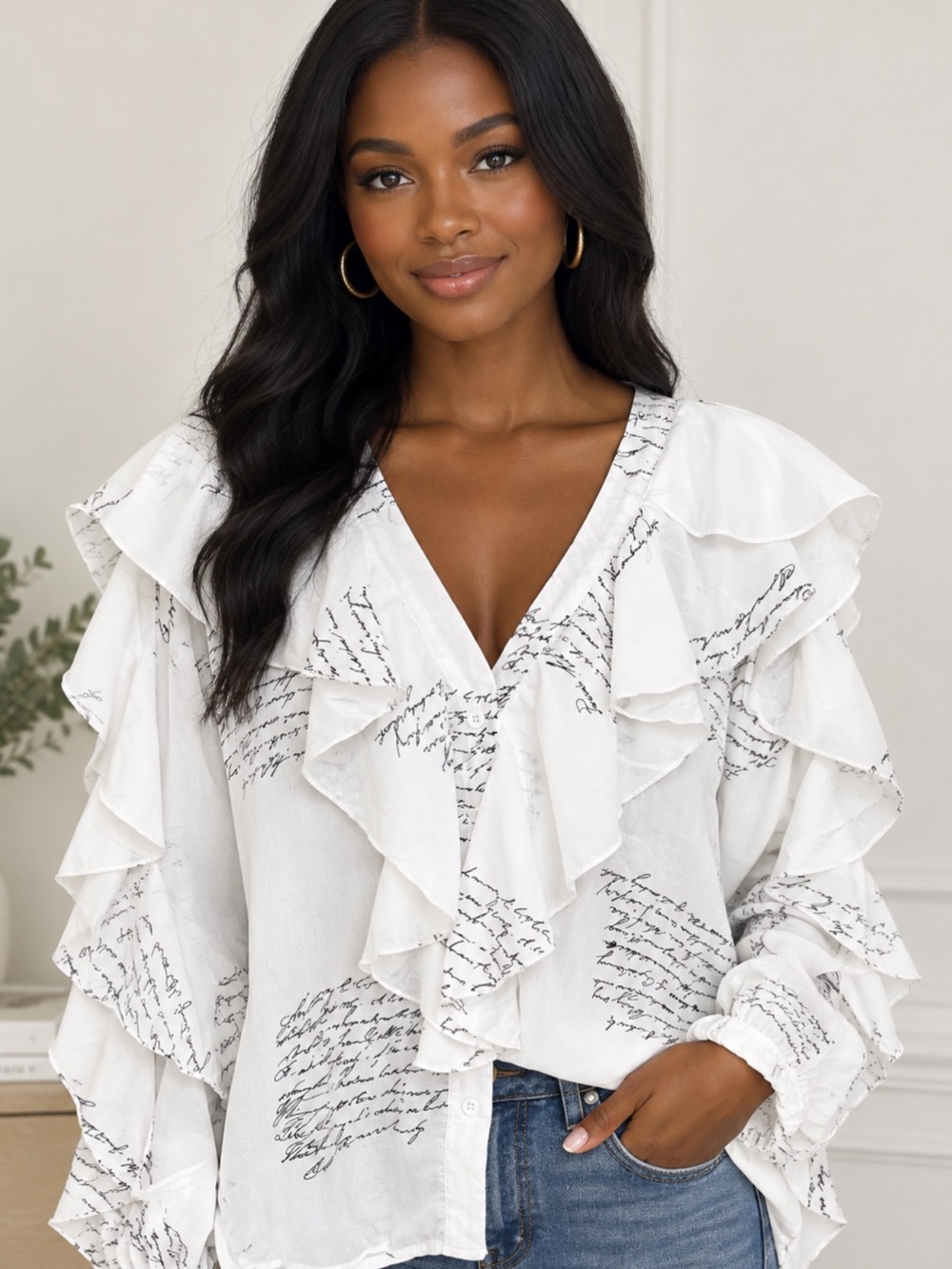 Chic White Script Ruffle V-Neck Blouse with Black Writing- NWOT- Size XL